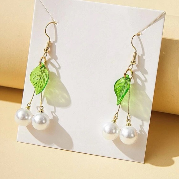 White Cherry Glamorous Faux Pearl & Leaf Drop Earrings - Picture 2 of 5